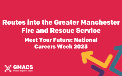 Red background with GMACS logo. Image copy reads "Routes into the Greater Manchester Fire and Rescue Service. Meet Your Future: National Careers Week 2023."
