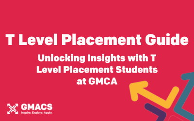 Red background with GMACS logo. Image text reads "T Level placement guide. Unlocking insights with T Level placement students at GMCA."