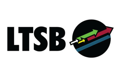 LTSB logo, LTSB in black, bold text with a black circle to the side with coloured arrows pointing up.