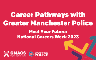 Red background with GMACS and GMP logos. Image text reads "Career Pathways with Greater Manchester Police. Meet Your Future: National Careers Week 2023".