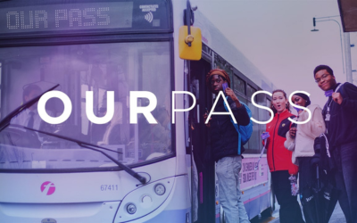 Image of young people boarding a bus, with a purple overlay and the Our Pass logo over the top.