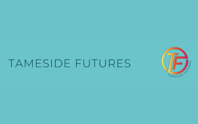 Logo for Tameside Futures against a blue background.
