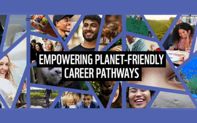 Blue text with images of young people. The text copy reads "Empowering planet friendly career pathways."