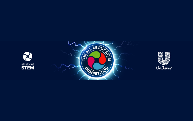 The All About Stem competition logo against a blue background. The image also features the All About Stem logo and the Unilever logo.