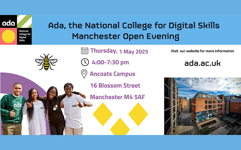 A poster for the open evening at Ada, the National College for Digital Skills.