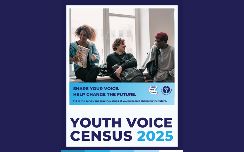 a poster with an image on it that has 3 young people and it reads "youth voice census 2025"