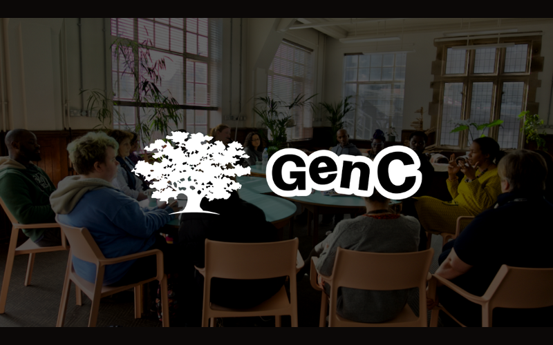 The logo for Gen C with people sat around a table in the background.