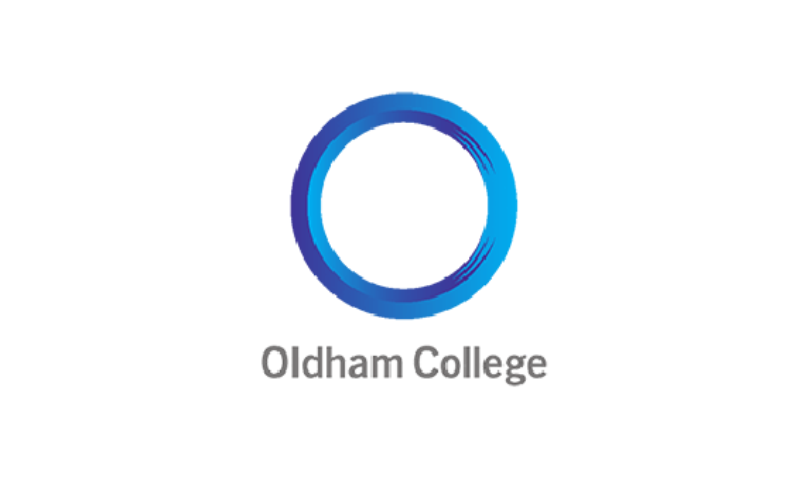 The logo for Oldham College, a blue circle with the words Oldham College written underneath.