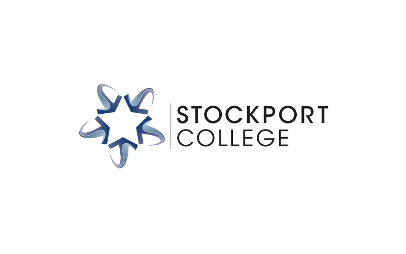 The Stockport College logo: a light and dark blue star on the left, with Stockport College written to the right.