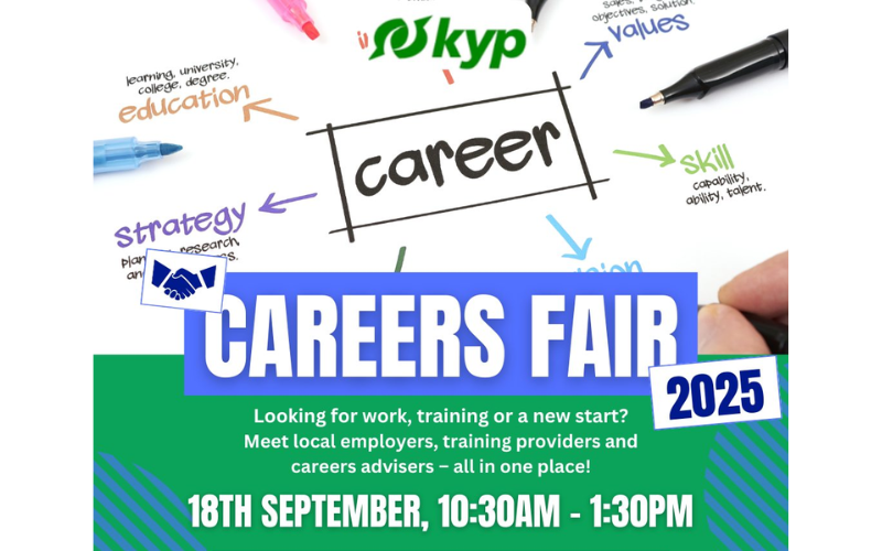 Poster for KYP Rochdale Careers Fair. It has a drawn-style image at the top with Careers Fair in big letters.
