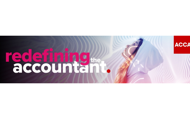 Image of a young person wearing a hoodie with lines of colour across them. The image says "Redefining the account" and has the Acca logo in red in the corner.