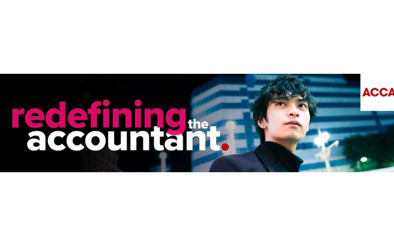 Image of a person looking away above the camera in front of a large office building. Image reads "Redefining the accountant" and features the ACCA logo in the corner.