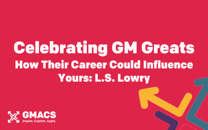 Red background with GMACS logo. Text reads: "Celebrating GM Greats - How Their Career Could Influence Yours: L.S. Lowry"